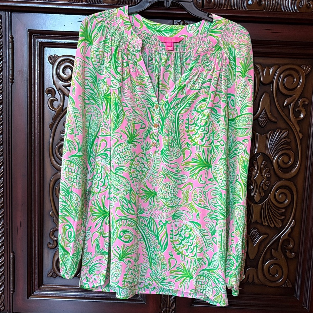 Lilly Pulitzer Pink and Green Printed Long-Sleeve Blouse